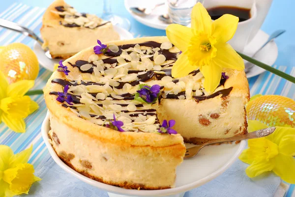 Cheesecake Met Rozijnen Amandelen Gegoten Chocolade Voor Pasen — Stockfoto