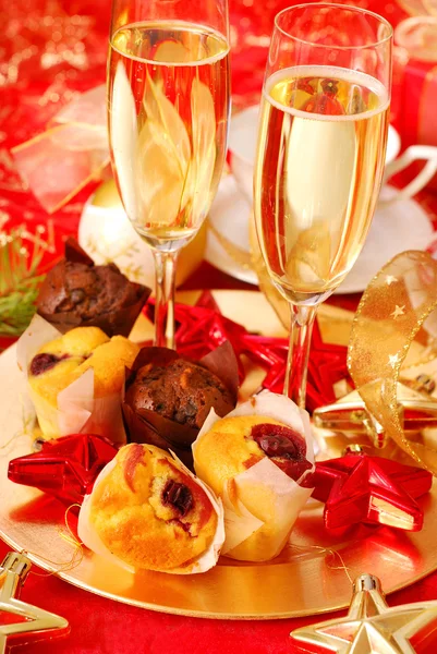 Chocolate Cherry Muffins Champagne Glasses Golden Plate Party — Stock Photo, Image