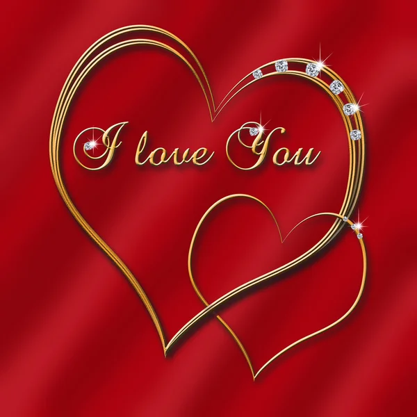 Two Golden Hearts Shining Diamonds Inscription Love You Dark Red — Stock Photo, Image