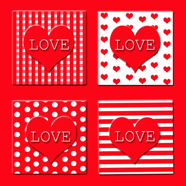 つの正方形のバレンタインのため様々 なパターンの背景に赤の心で — ストック写真