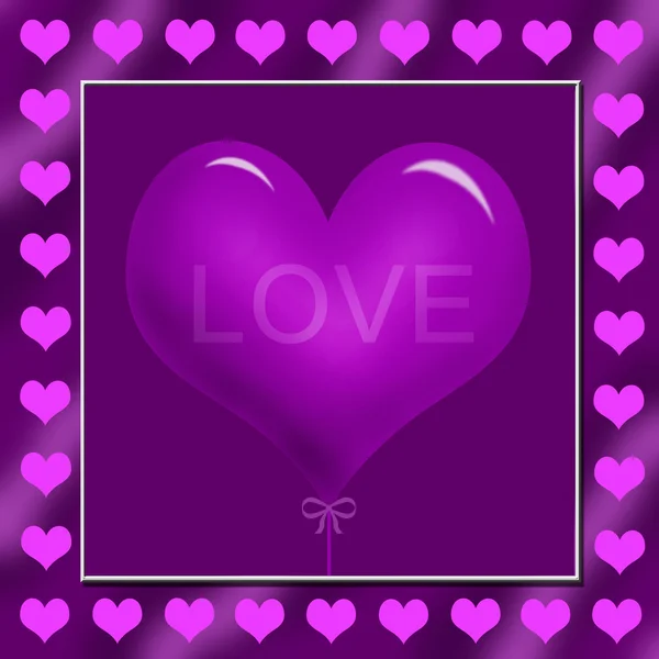 Purple Heart Kształt Balonu Małe Różowe Serce Kwadrat Ramki — Zdjęcie stockowe