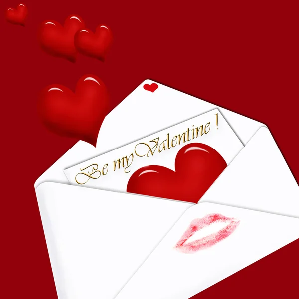 Envelope Branco Com Carta Amor Dentro Corações Fundo Vermelho Escuro — Fotografia de Stock