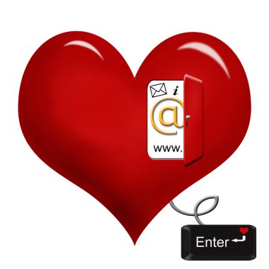 internet icons in opened door on red heart and connected with cord to 