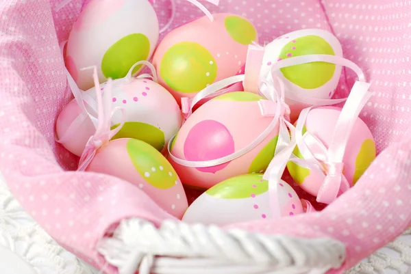 Easter Painted Eggs Pink Basket — Stock Photo, Image