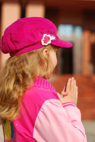 Little Girl Praying Hands Together Front Church — Stock Photo, Image