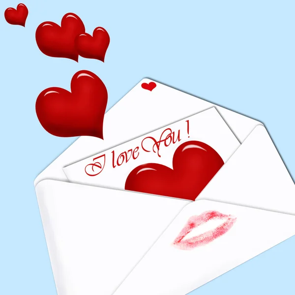 Vitt Kuvert Med Kärleksbrev Inuti Och Röda Hjärtan Blå Bakgrund — Stockfoto
