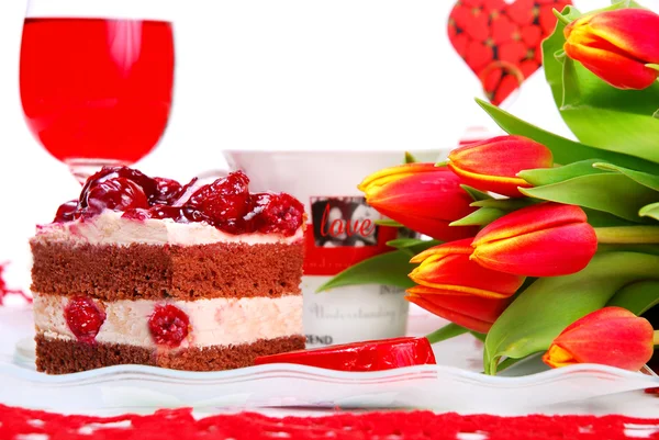 Cherry Cake Coffee Tulips Valentine Party — Stock Photo, Image