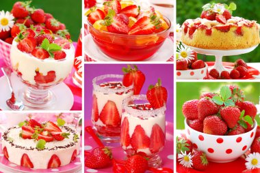 Strawberry`s desserts and cakes photos collections arranged as collage clipart