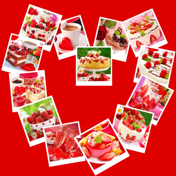Sweet Desserts Cakes Valentine Party Collage Images Arranged Heart Shape — Stock Photo, Image