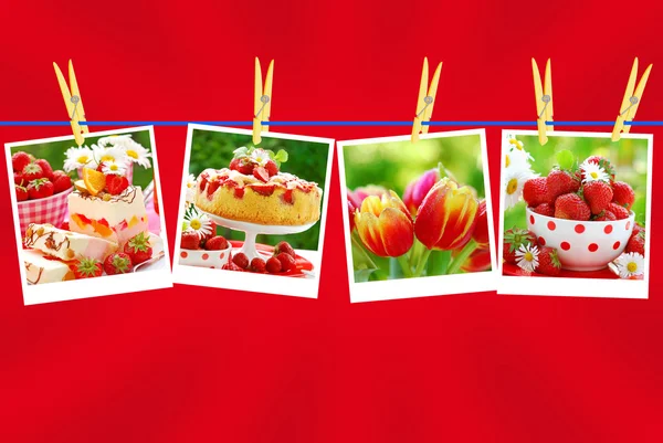 Sweet Love Collection Photos Hanging Clothesline Red Background — Stock Photo, Image