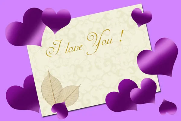 Karta miłość z purpurowe serca — Zdjęcie stockowe