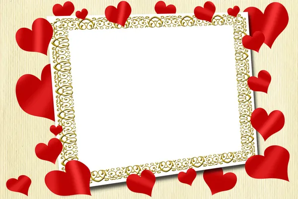 Cornice d'amore con cuori rossi su sfondo tela — Foto Stock