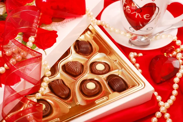 Caja Chocolates Taza Café Para San Valentín —  Fotos de Stock