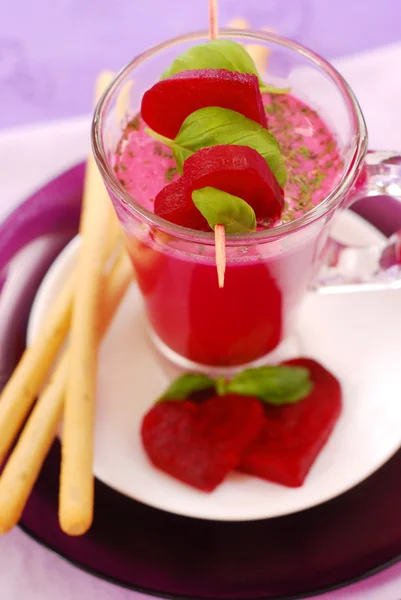 Beet Soup Cream Grissini Red Borscht Glass Decorated Heart Shaped — Stock Photo, Image