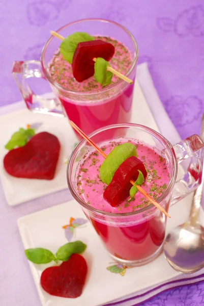Beet Soup Cream Red Borscht Glass Decorated Heart Shaped Slices — Stock Photo, Image
