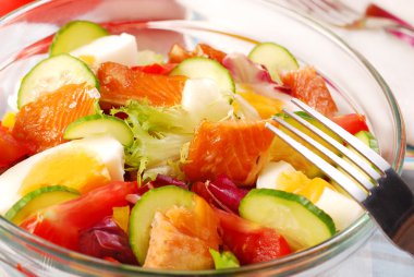 Bowl of salad with smoked salmon,eggs and vegetables clipart