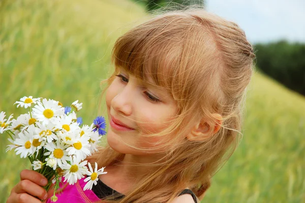 Young Girl Field Bunch Wild Flowers — Stock Photo, Image
