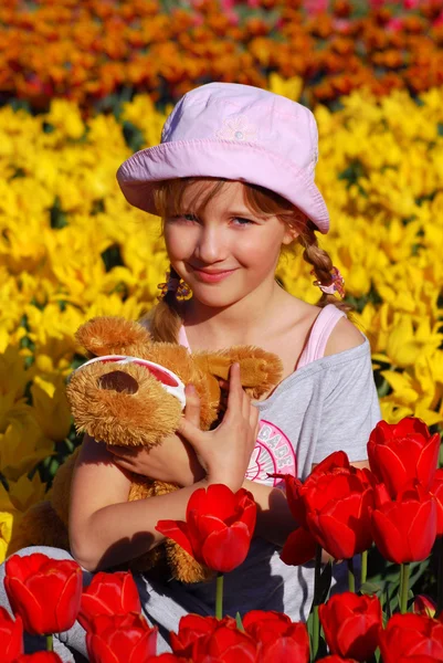 Young Girl Field Full Tulips — Stock Photo, Image