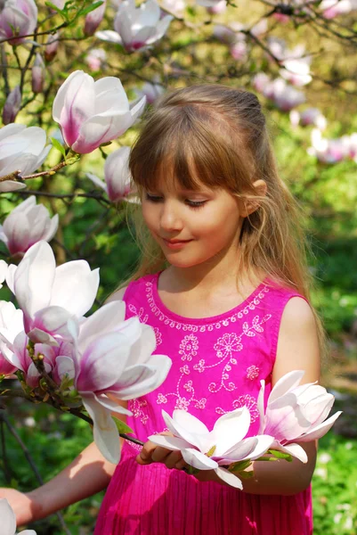 Portrait Young Girl Magnolia Blossom — Stock Photo, Image