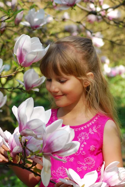Portrait Young Girl Magnolia Blossom — Stock Photo, Image