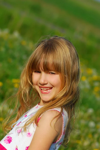 Young Girl Meadow Full Dandelions — Stock Photo, Image