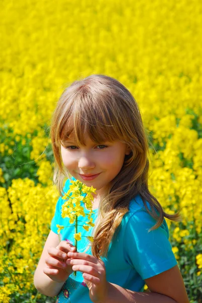 Young Girl Spring Rape Field Bunch Yellow Flowers — Stock Photo, Image