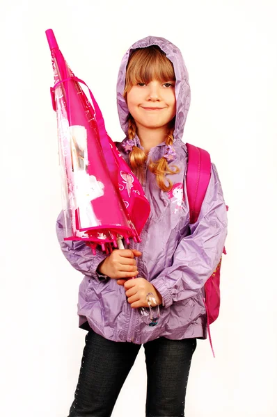 Fiatal Lány Elszigetelt Fehér Rózsaszín Esernyő — Stock Fotó