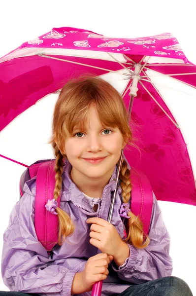 Mladá Dívka Růžový Deštník Izolovaných Bílém — Stock fotografie