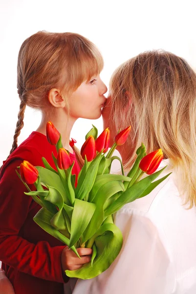 Girl with bouquet of tulips for mummy — Stock Photo, Image