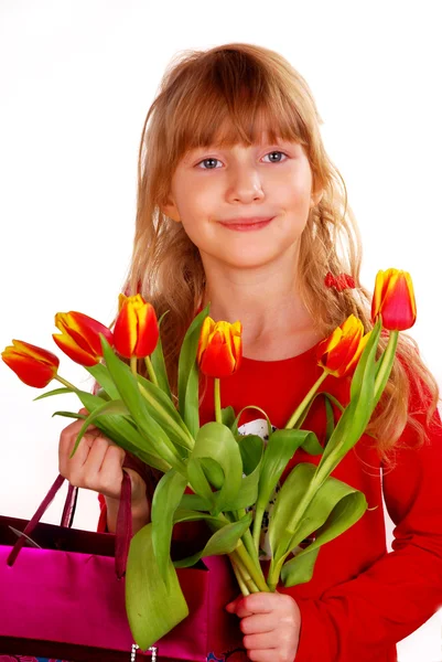 Meisje met boeket tulpen — Stockfoto