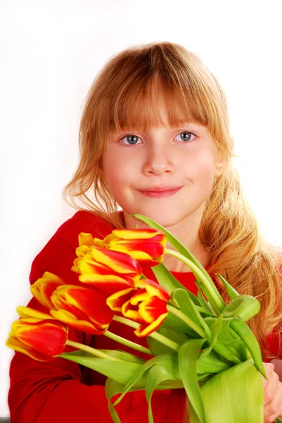 Menina com buquê de tulipas — Fotografia de Stock
