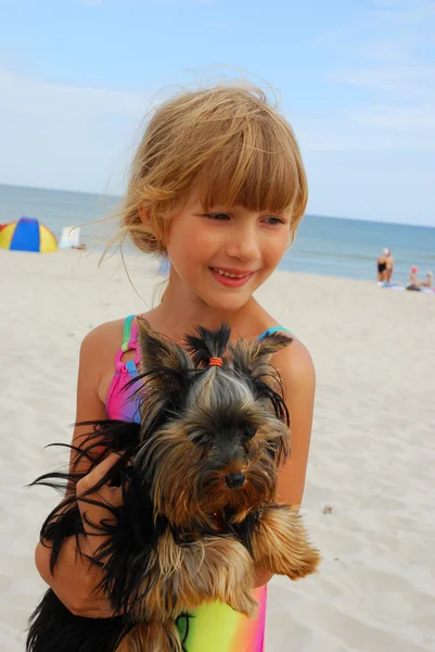 Ragazza con yorkshire cane sulla spiaggia — Foto Stock