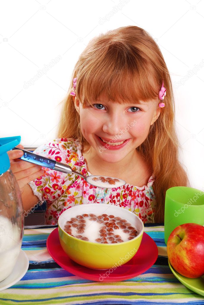 Girl eating chocolate cornflakes