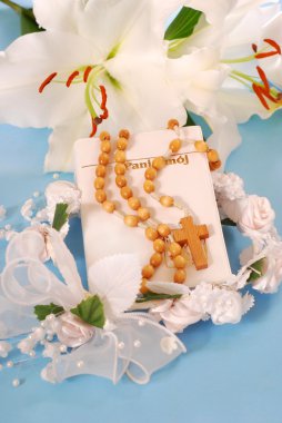 Prayer book and rosary for first holy communion clipart