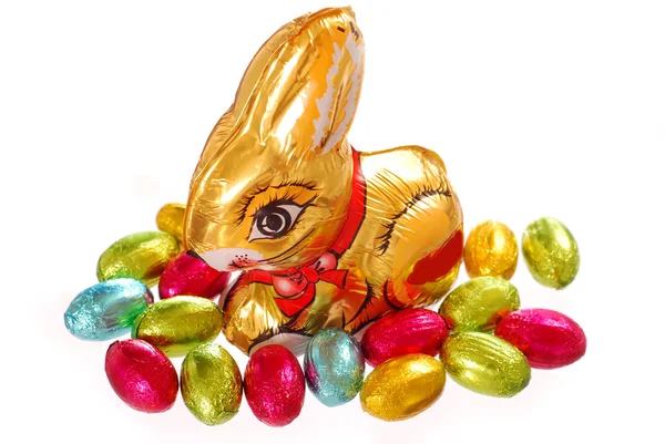 Easter chocolate bunny and eggs Royalty Free Stock Photos