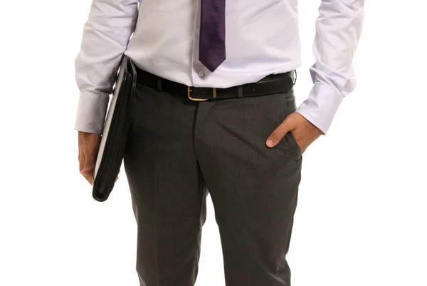Empresário irreconhecível com mala de close-up isolado no backgro branco — Fotografia de Stock