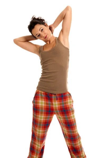 Young woman be sleepy wearing pajamas isolated on white background — Stock Photo, Image
