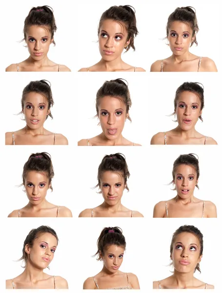 Jonge vrouw gezicht expressies samengestelde geïsoleerd op witte achtergrond — Stockfoto