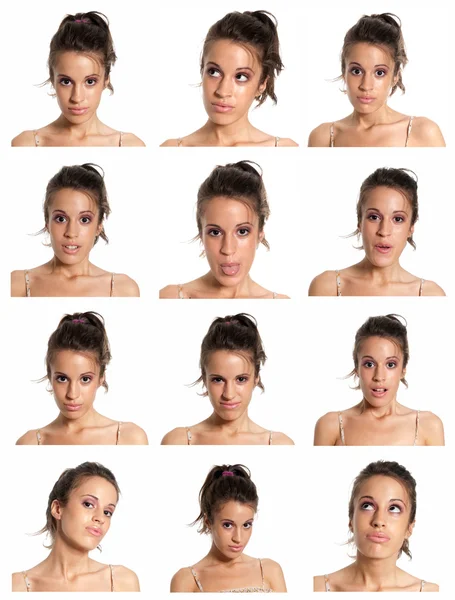 Jovem mulher rosto expressões composto isolado no fundo branco Fotos De Bancos De Imagens