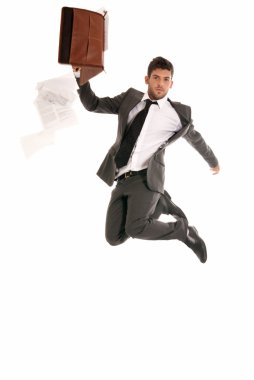 Young businessman jumping with open briefcase falling papers copy-space iso clipart