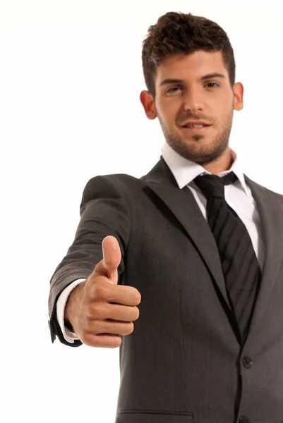 Jonge zakenman ok symbool gebaar, geïsoleerd op witte achtergrond — Stockfoto