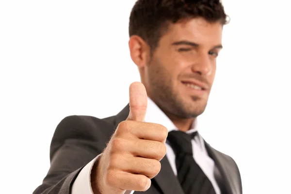 Young businessman ok symbol gesture, close-up isolated on white background — Stock Photo, Image