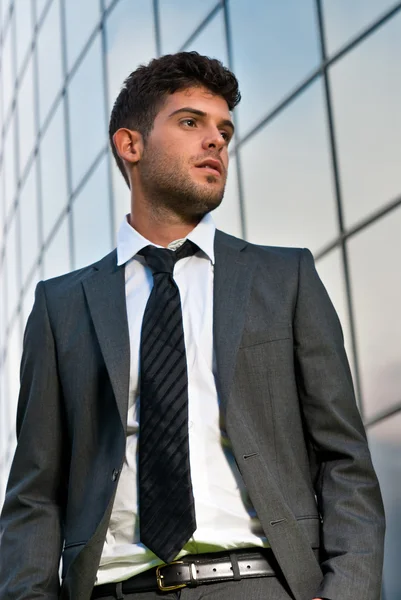 Giovane uomo d'affari in cerca di un buon futuro su sfondo edificio moderno — Foto Stock