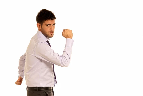 Young businessman cheerful strong gesture with two hands copy-space isolate — Stock Photo, Image