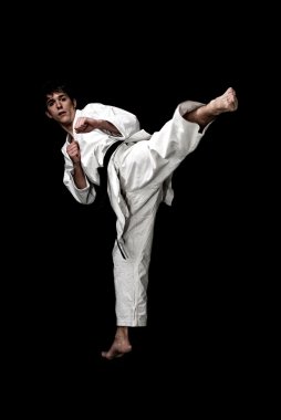 Karate male fighter young high contrast on black background. clipart