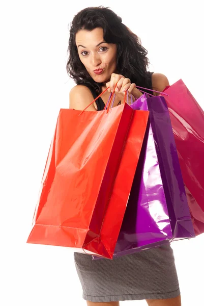 Young Woman Shopping Bags Standing Isolated White Background — Stock Photo, Image