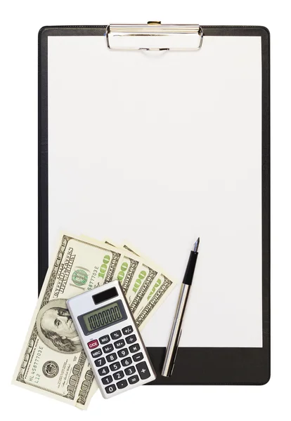 Csipeszes írótábla, dollárt, számológép és egy töltőtoll — Stock Fotó