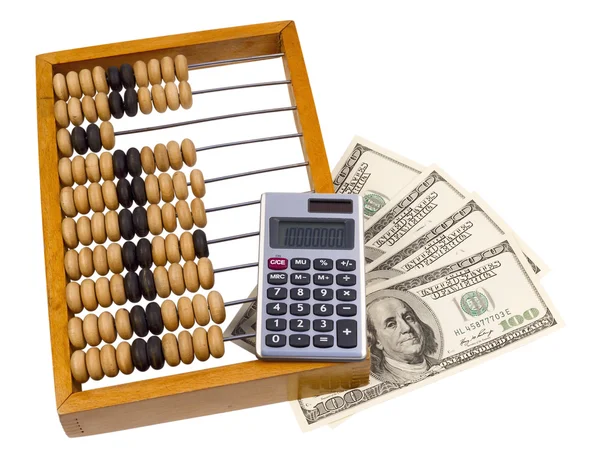 Old wooden abacus, calculator and U.S. dollars — Stock Photo, Image