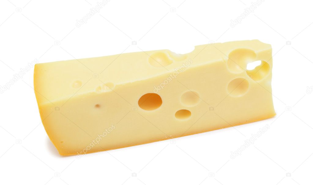 Big wedge of Swiss cheese, isolated on a white background