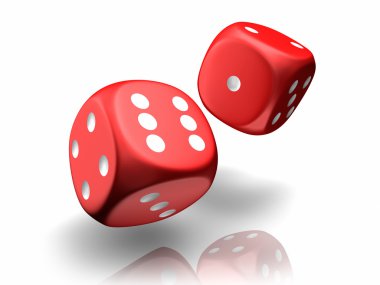 Falling red dices on a white background, 3d render clipart